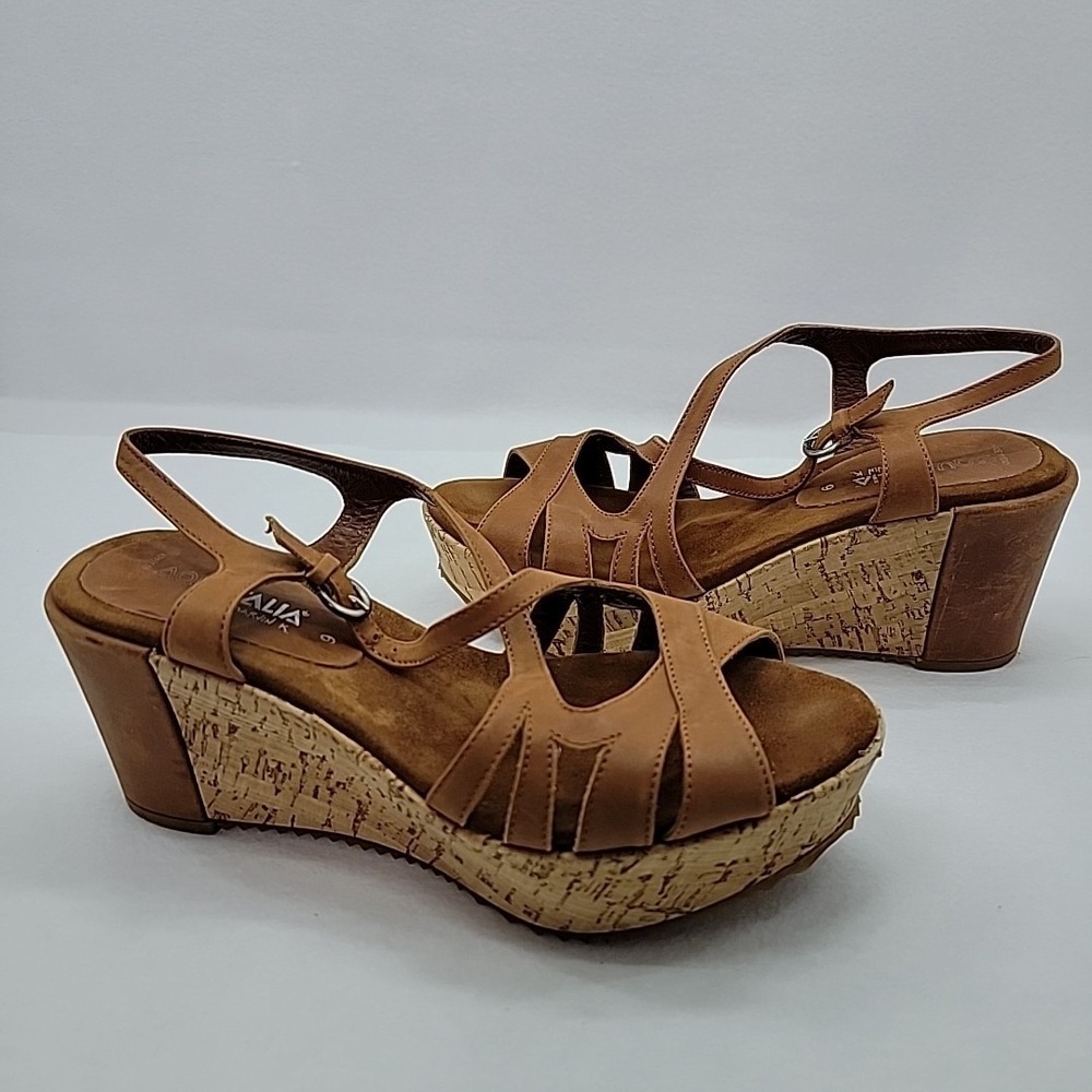 AQUATALIA Wedge Heel Platform Leather Sandal Cognac Brown Italy‎ Women's Size 9